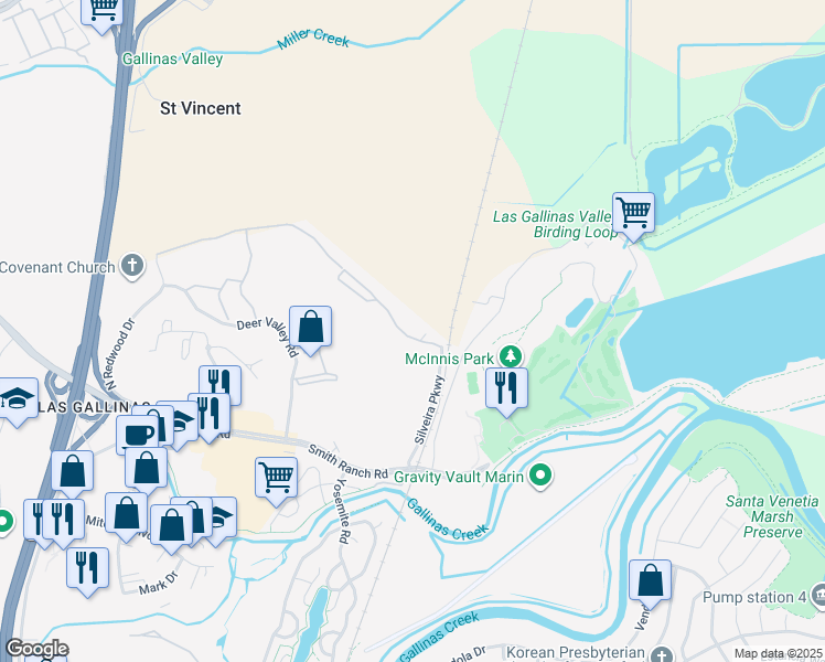 map of restaurants, bars, coffee shops, grocery stores, and more near 50 North Avenue in San Rafael