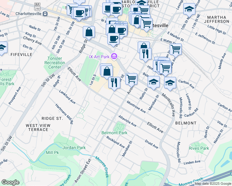 map of restaurants, bars, coffee shops, grocery stores, and more near 615 Blenheim Avenue in Charlottesville