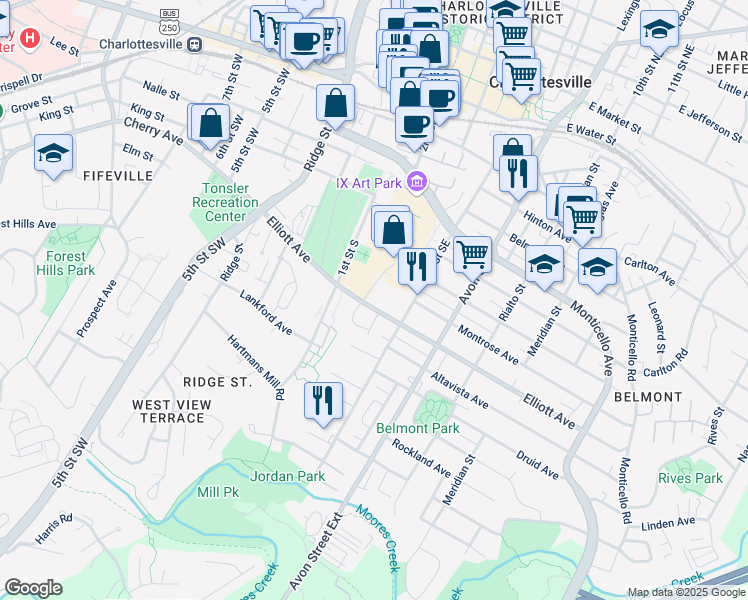 map of restaurants, bars, coffee shops, grocery stores, and more near 999 2nd Street Southeast in Charlottesville