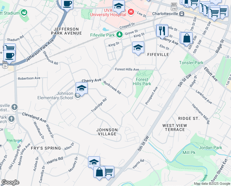 map of restaurants, bars, coffee shops, grocery stores, and more near 617 Rockcreek Road in Charlottesville