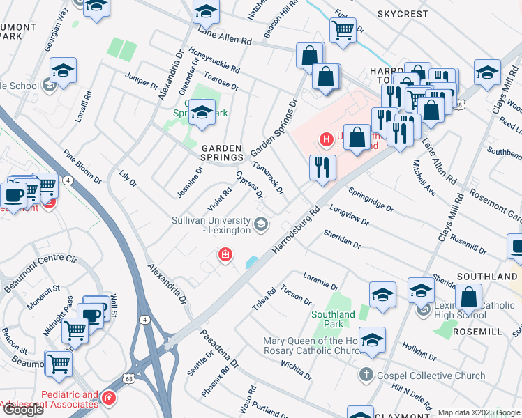 map of restaurants, bars, coffee shops, grocery stores, and more near 2140 Cypress Drive in Lexington