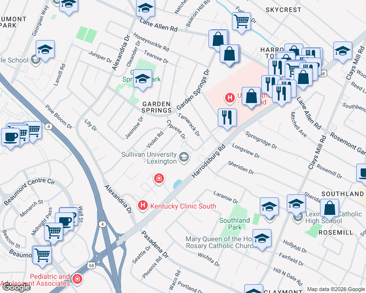 map of restaurants, bars, coffee shops, grocery stores, and more near 2140 Cypress Drive in Lexington