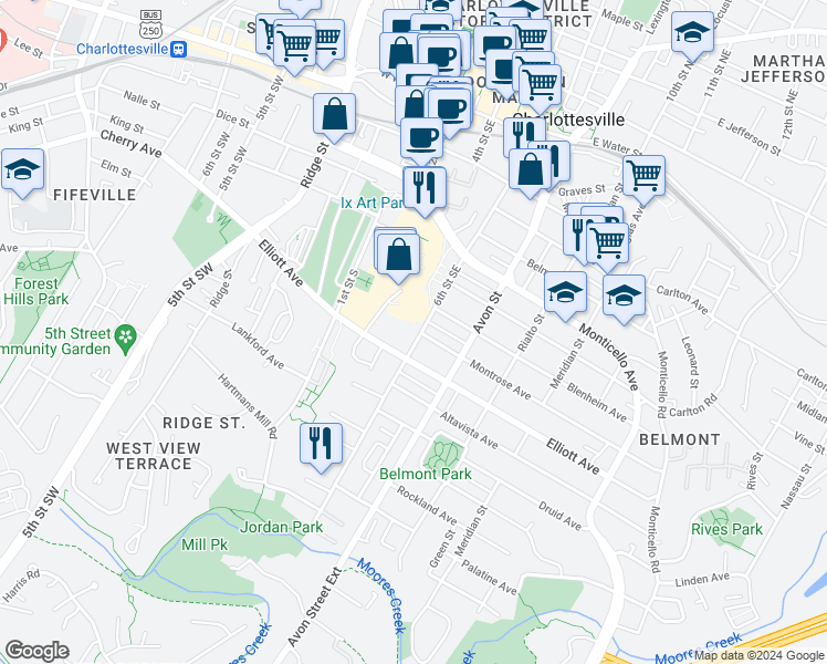 map of restaurants, bars, coffee shops, grocery stores, and more near 921 6th Street Southeast in Charlottesville