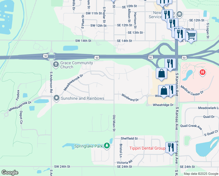 map of restaurants, bars, coffee shops, grocery stores, and more near 1701 Old Main Street in Newton