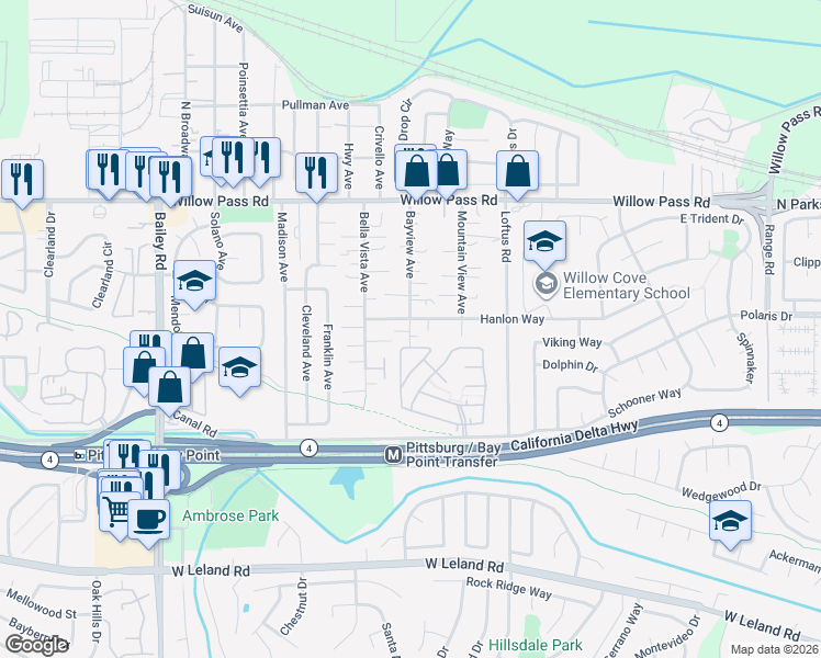 map of restaurants, bars, coffee shops, grocery stores, and more near 91 Bayview Avenue in Bay Point