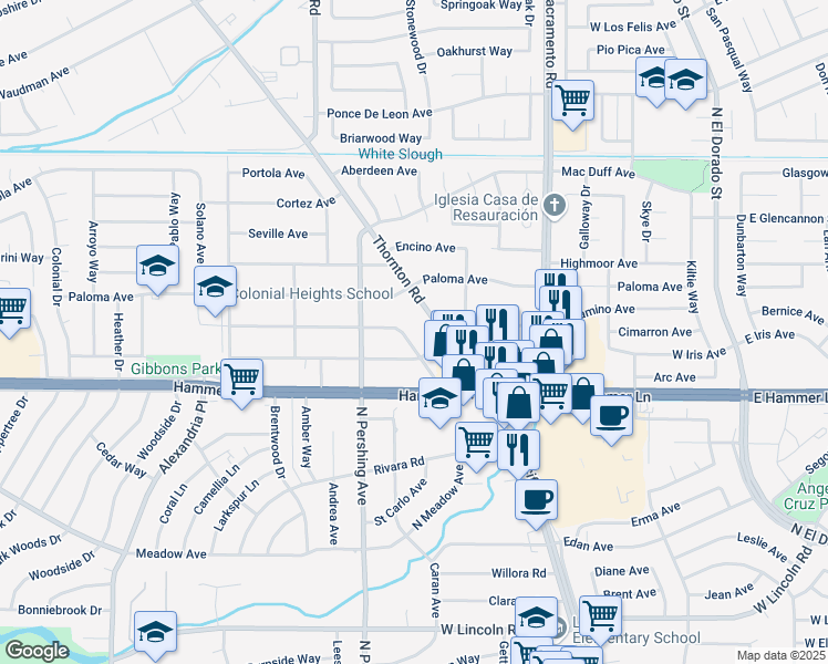 map of restaurants, bars, coffee shops, grocery stores, and more near 8124 Thornton Road in Stockton