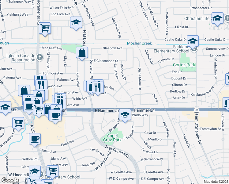 map of restaurants, bars, coffee shops, grocery stores, and more near 230 Bernice Avenue in Stockton