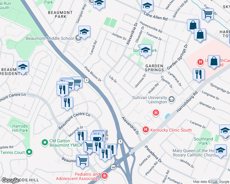 map of restaurants, bars, coffee shops, grocery stores, and more near 936 Lily Drive in Lexington