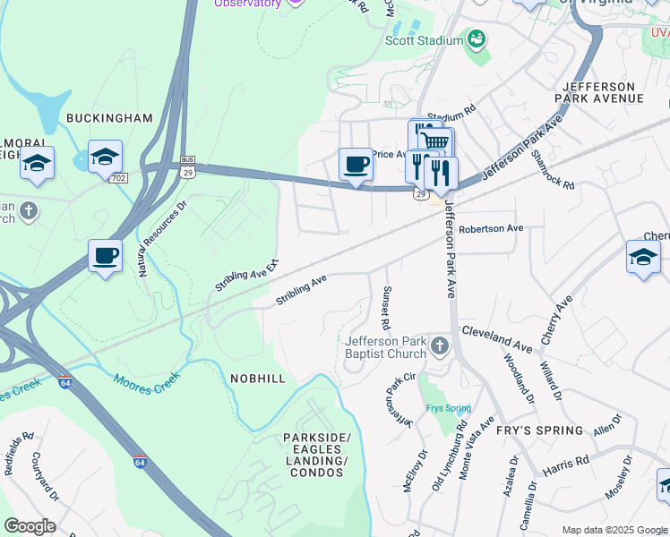map of restaurants, bars, coffee shops, grocery stores, and more near 217 Stribling Avenue in Charlottesville