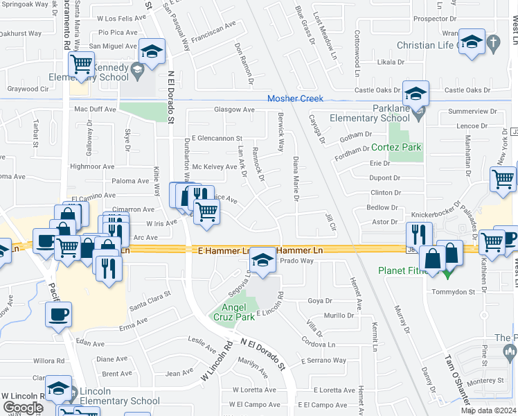 map of restaurants, bars, coffee shops, grocery stores, and more near 8032 Lan Ark Drive in Stockton