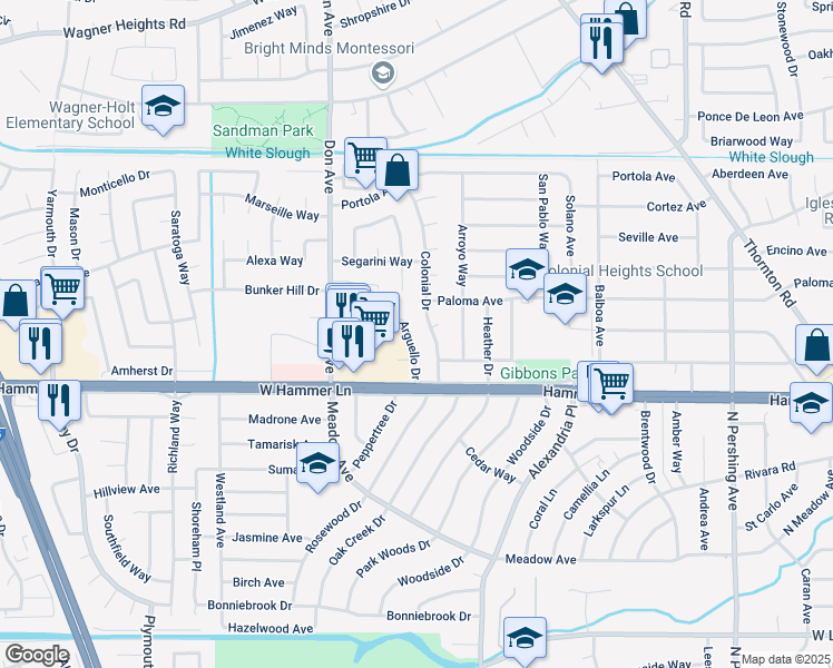 map of restaurants, bars, coffee shops, grocery stores, and more near 2227 Santiago Way in Stockton