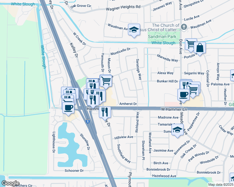 map of restaurants, bars, coffee shops, grocery stores, and more near 8110 Montgomery Avenue in Stockton