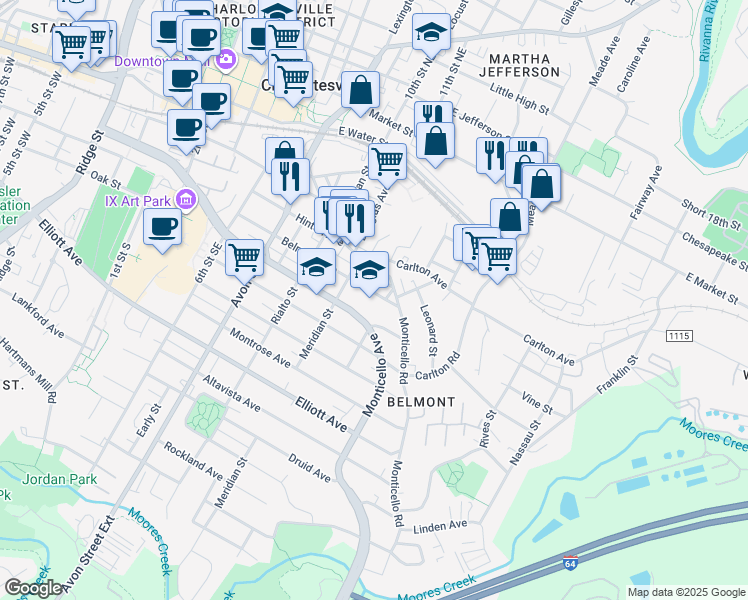map of restaurants, bars, coffee shops, grocery stores, and more near 924 Monticello Road in Charlottesville