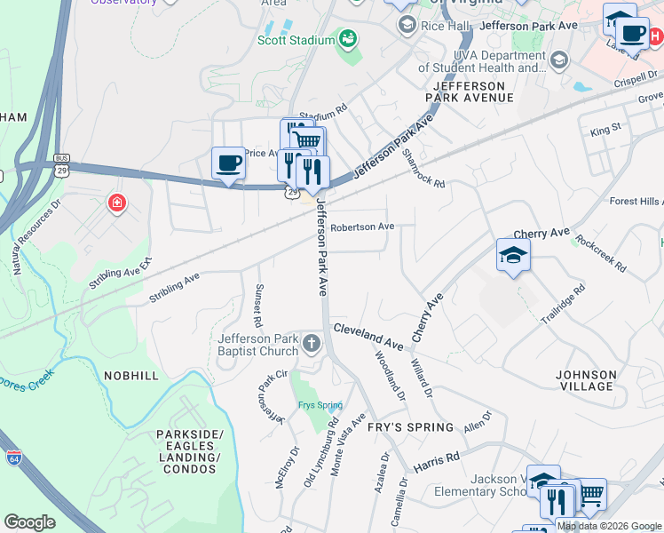 map of restaurants, bars, coffee shops, grocery stores, and more near 2310 Jefferson Park Avenue in Charlottesville
