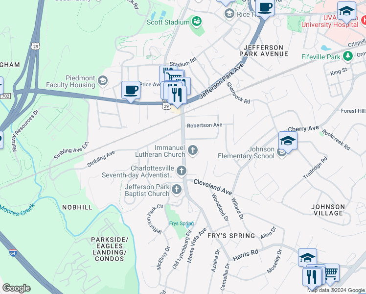 map of restaurants, bars, coffee shops, grocery stores, and more near 2310 Jefferson Park Avenue in Charlottesville