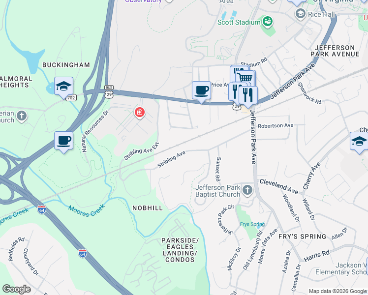 map of restaurants, bars, coffee shops, grocery stores, and more near 2502 Westerly Avenue in Charlottesville