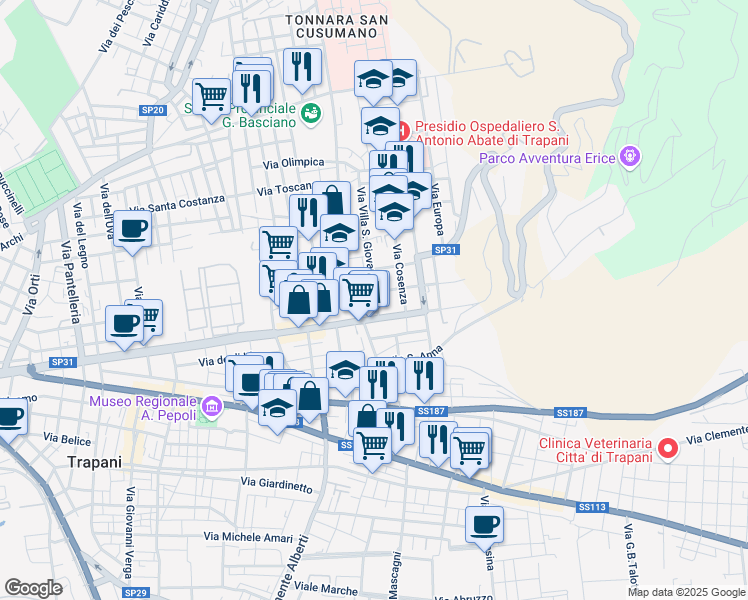 map of restaurants, bars, coffee shops, grocery stores, and more near 3 Via Villa San Giovanni in Casa Santa