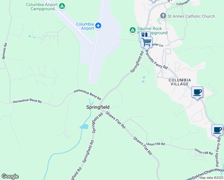 map of restaurants, bars, coffee shops, grocery stores, and more near 22081 Springfield Road in Sonora
