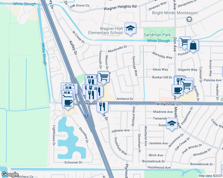map of restaurants, bars, coffee shops, grocery stores, and more near 8019 Montgomery Avenue in Stockton