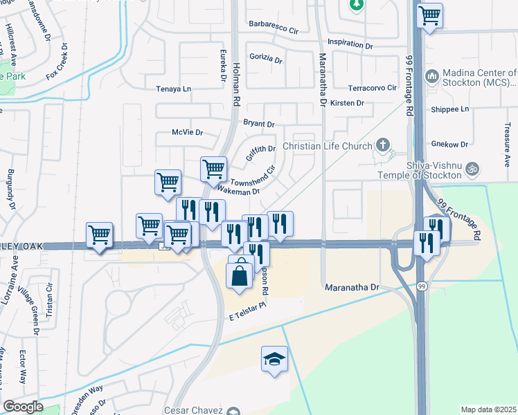 map of restaurants, bars, coffee shops, grocery stores, and more near 8020 Farin Court in Stockton