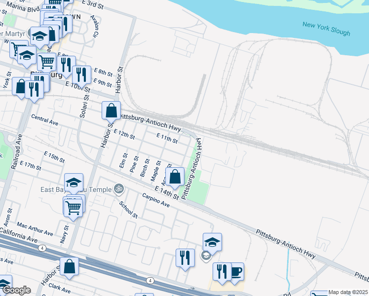 map of restaurants, bars, coffee shops, grocery stores, and more near 1170 Columbia Street in Pittsburg