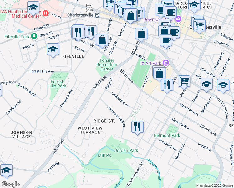 map of restaurants, bars, coffee shops, grocery stores, and more near 101 Roades Court in Charlottesville