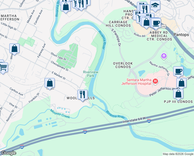 map of restaurants, bars, coffee shops, grocery stores, and more near Old Mills Trail in Charlottesville