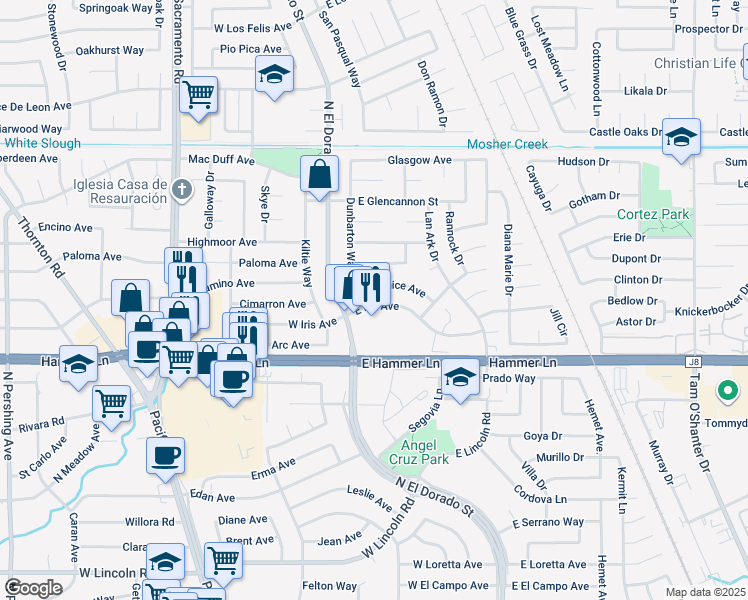 map of restaurants, bars, coffee shops, grocery stores, and more near 115 East Iris Avenue in Stockton