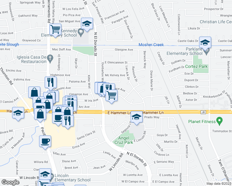 map of restaurants, bars, coffee shops, grocery stores, and more near 151 East Iris Avenue in Stockton