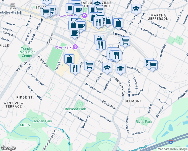 map of restaurants, bars, coffee shops, grocery stores, and more near 706 Bolling Avenue in Charlottesville