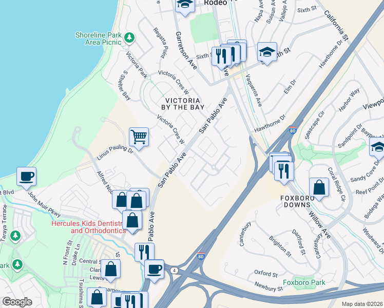 map of restaurants, bars, coffee shops, grocery stores, and more near 160 Driftwood Cove in Hercules