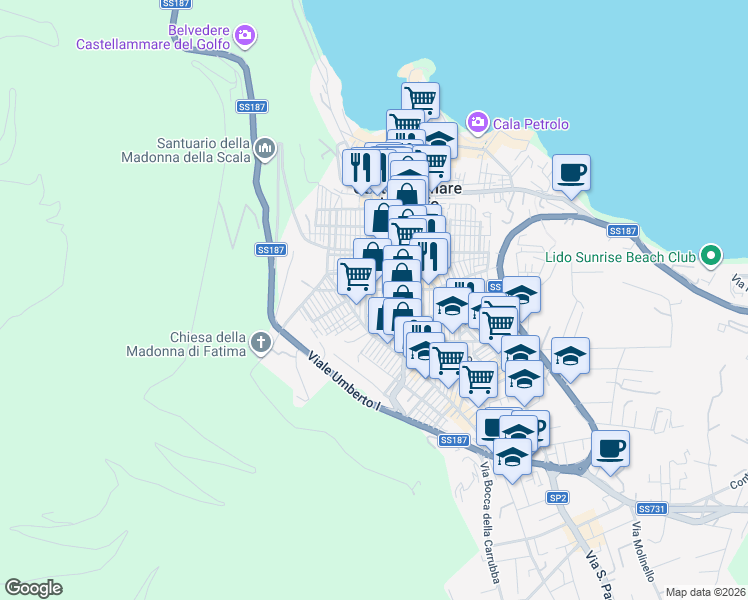 map of restaurants, bars, coffee shops, grocery stores, and more near 55 Via Schiavo in Castellammare del Golfo
