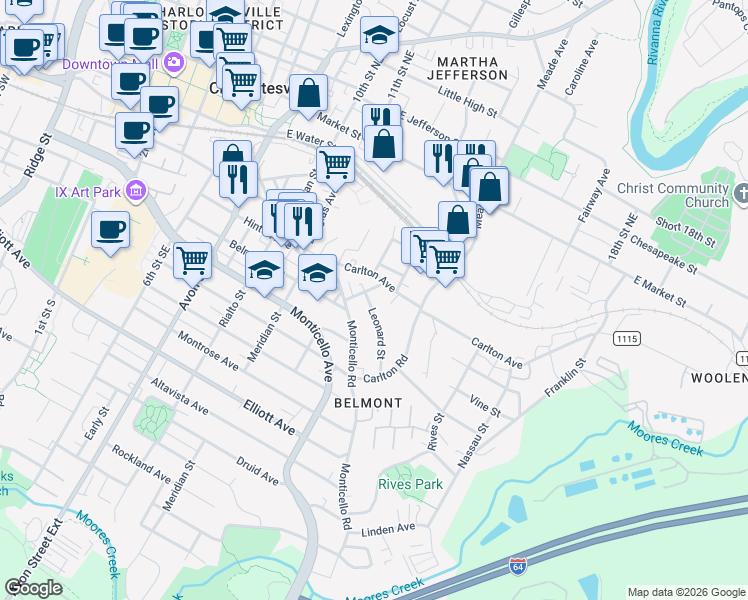 map of restaurants, bars, coffee shops, grocery stores, and more near 918 Bainbridge Street in Charlottesville
