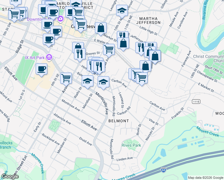 map of restaurants, bars, coffee shops, grocery stores, and more near 924 Monticello Road in Charlottesville