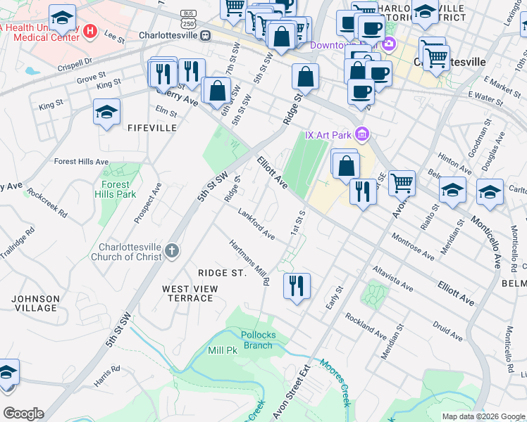 map of restaurants, bars, coffee shops, grocery stores, and more near 101 Roades Court in Charlottesville