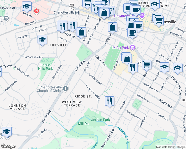 map of restaurants, bars, coffee shops, grocery stores, and more near 101 Roades Court in Charlottesville
