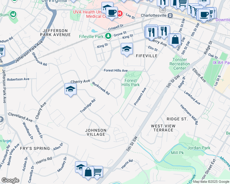 map of restaurants, bars, coffee shops, grocery stores, and more near 114 Olinda Drive in Charlottesville