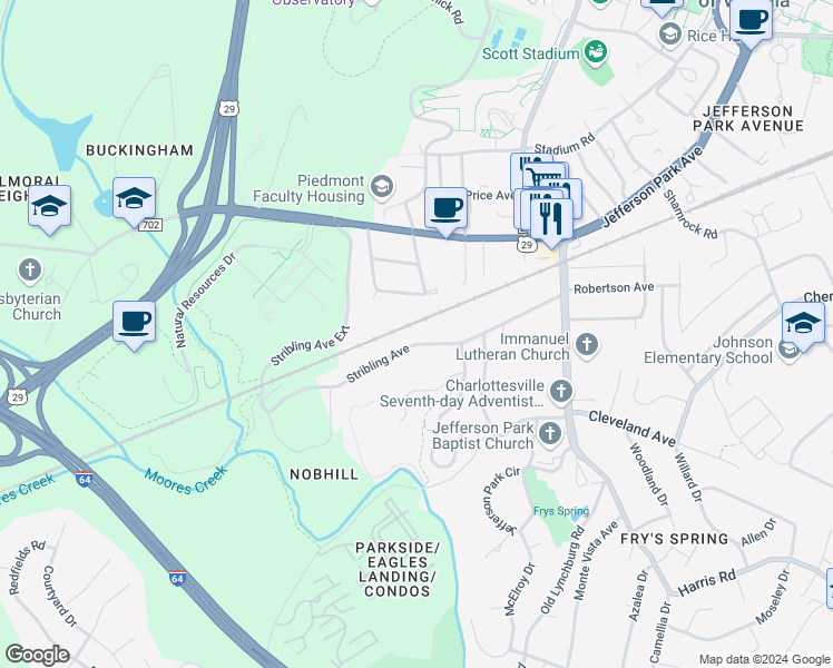 map of restaurants, bars, coffee shops, grocery stores, and more near 2502 Westerly Avenue in Charlottesville
