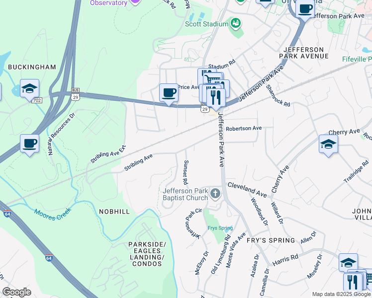 map of restaurants, bars, coffee shops, grocery stores, and more near 2136 Sunset Road in Charlottesville