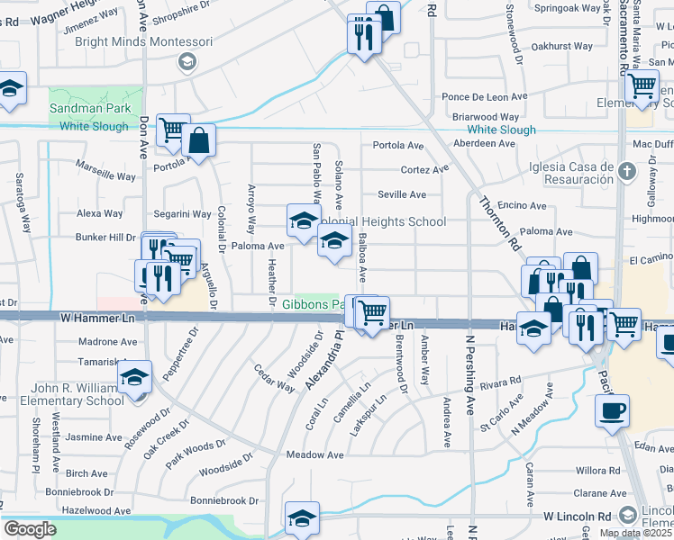map of restaurants, bars, coffee shops, grocery stores, and more near 8135 Balboa Avenue in Stockton