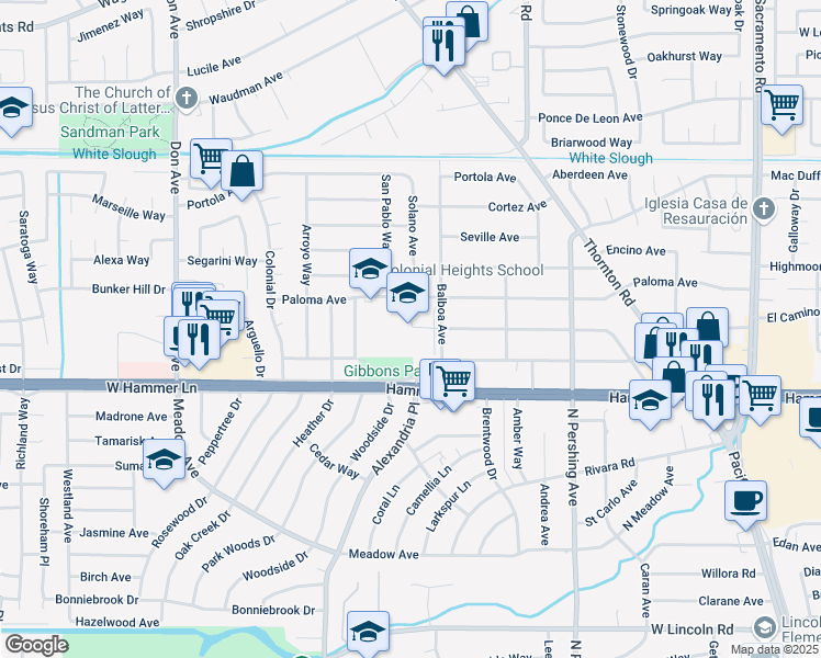 map of restaurants, bars, coffee shops, grocery stores, and more near 8135 Balboa Avenue in Stockton