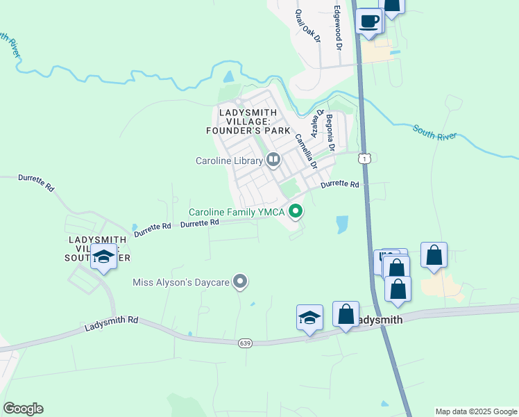 map of restaurants, bars, coffee shops, grocery stores, and more near 7125 Durrette Road in Ruther Glen
