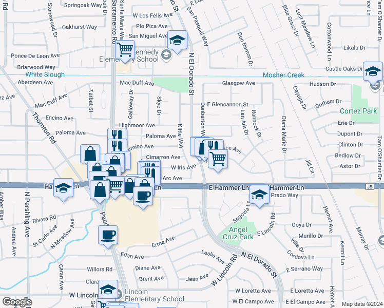 map of restaurants, bars, coffee shops, grocery stores, and more near 8063 North El Dorado Street in Stockton