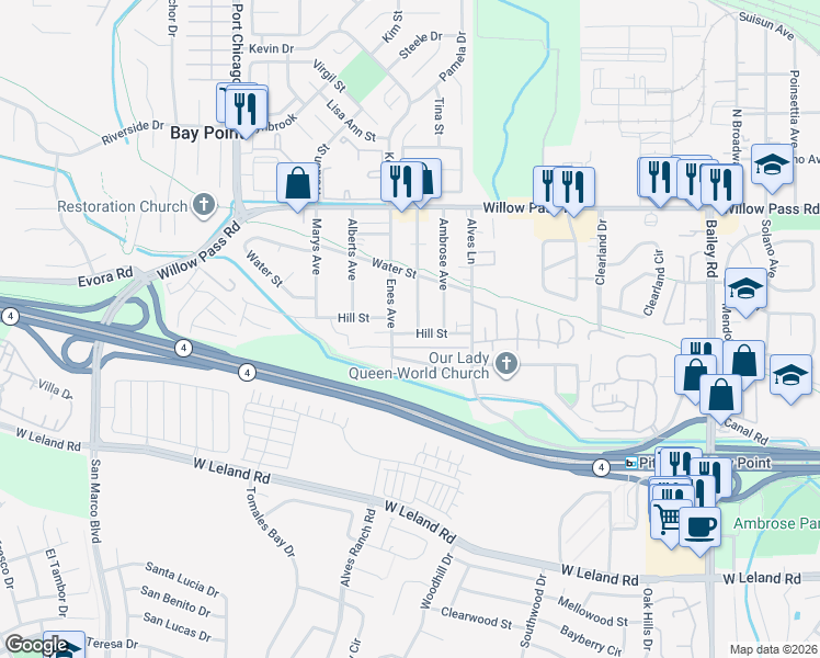 map of restaurants, bars, coffee shops, grocery stores, and more near 125 Hill Street in Bay Point