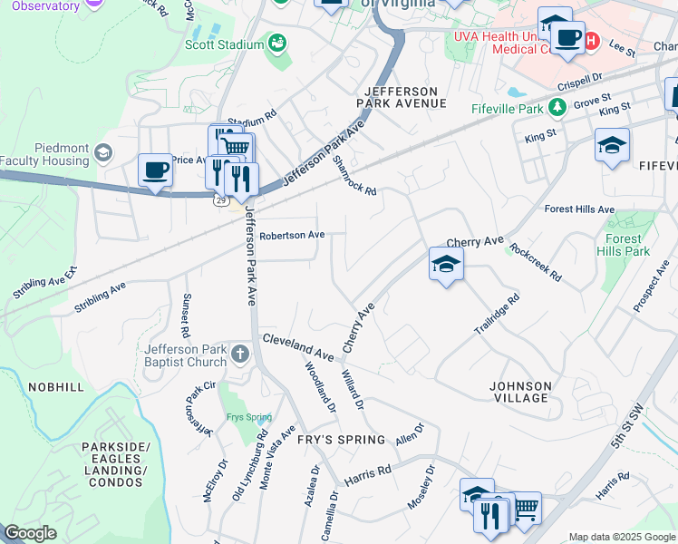 map of restaurants, bars, coffee shops, grocery stores, and more near 2320 Highland Avenue in Charlottesville