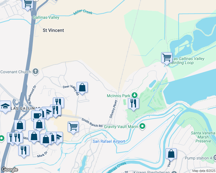map of restaurants, bars, coffee shops, grocery stores, and more near 50 North Avenue in San Rafael