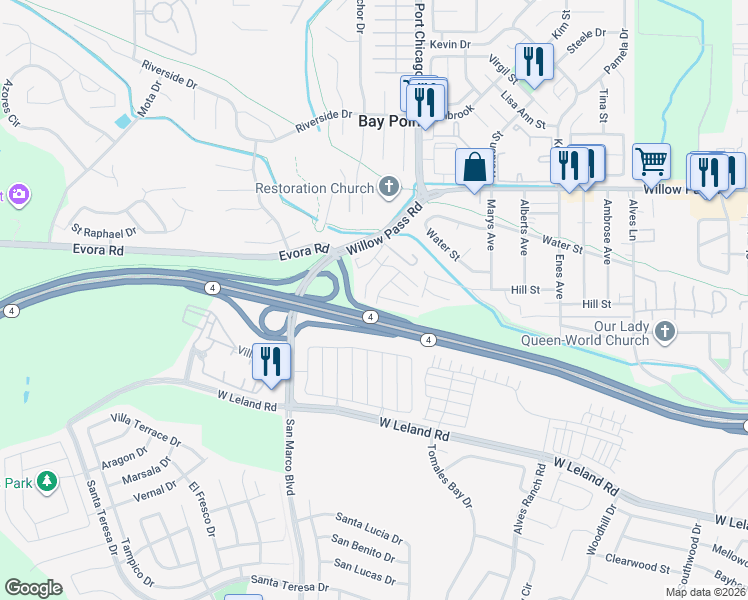 map of restaurants, bars, coffee shops, grocery stores, and more near 3777 Willow Pass Road in Bay Point