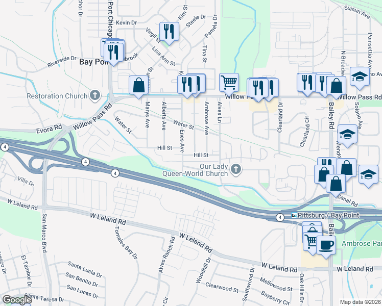 map of restaurants, bars, coffee shops, grocery stores, and more near 125 Hill Street in Bay Point