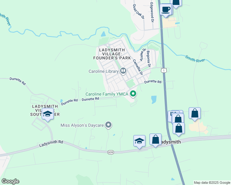 map of restaurants, bars, coffee shops, grocery stores, and more near 7121 Durrette Road in Ruther Glen