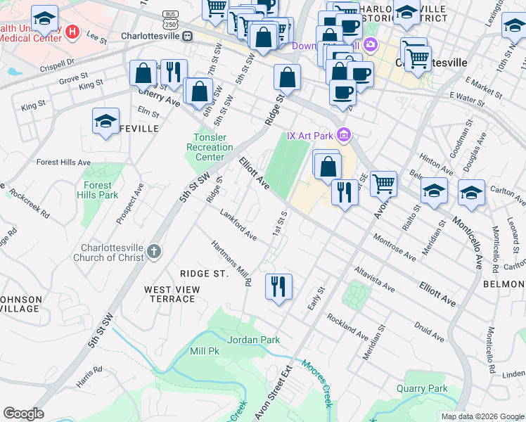 map of restaurants, bars, coffee shops, grocery stores, and more near 166 Burnet Street in Charlottesville